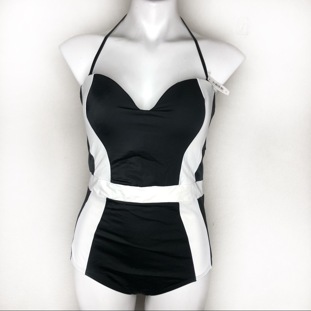 Adore Me One Piece Halter Swimsuit Black White XL